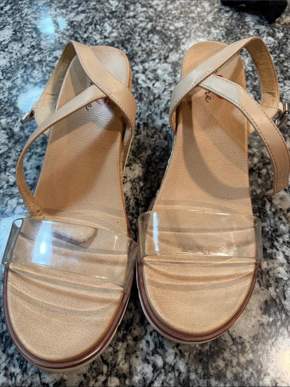 Beige Clear-Strap Wedge Sandals with Ankle Buckle